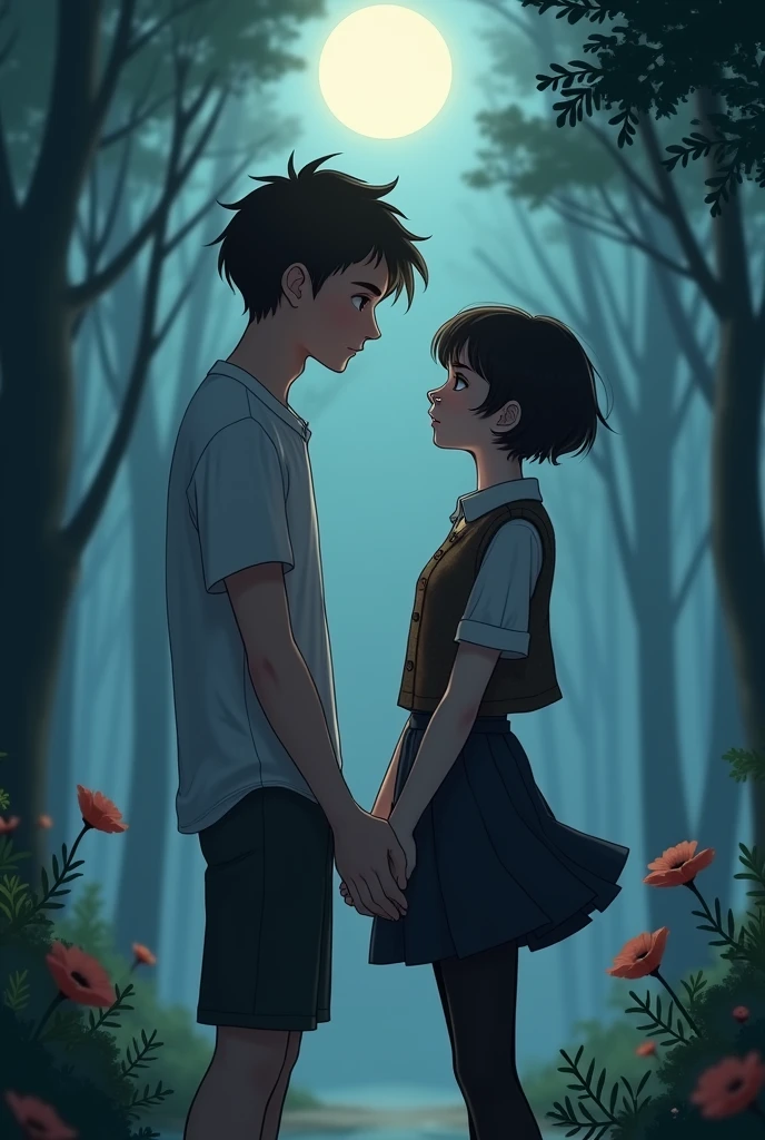 
The scene shows a couple of teenagers who seem to enjoy each other&#39;s company.. They are watching each other in a forest in the moonlight. The boy is approximately 1.54 meters tall and has a round face with somewhat marked cheekbones. His eyes are small and his haircut is short, inspired by the shape of a mushroom. She has somewhat thick lips adorned with two piercings., one on each lip, In addition to a bull-shaped nose piercing. Her style of dress is loose and comfortable., reflecting a preference for loose clothing.

at your side, There is a girl of 1.56 meters high. it&#39;s white, slim, and her face has a fine, oval shape. Her hair is short with defined waves. His clothing is dark, consisting of a skirt and tights that are somewhat torn, a wool vest, y una polera slim, which gives it an elegant air. They both have a smile on their faces, clearly enjoying each other&#39;s company.