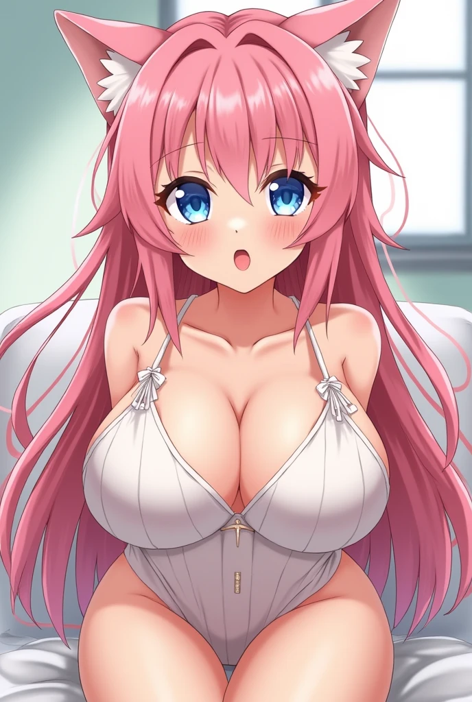 A hot anime waifu waring kitten ears beautiful and naked pink hair blue eyes masturbating with a clean pussy and big boobs