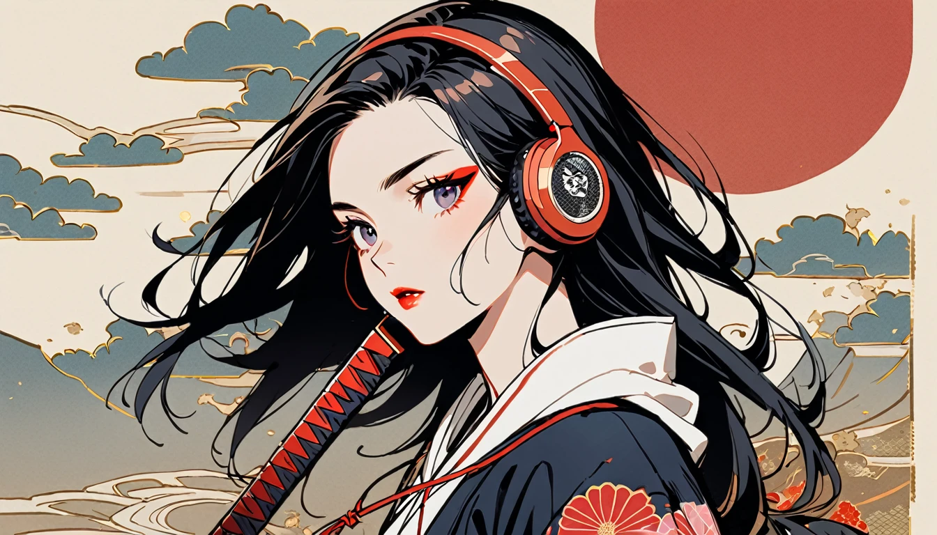 (((1 girl))), (((Flashy makeup))), (((Japanese style headphones))), (((Japanese pattern hoodie))), (((Japanese sword))), (((Female samurai))), Japanese beautiful girl, Black Hair, Delicate and precise, Modern ukiyo-e style, Japanese flag, battle style
