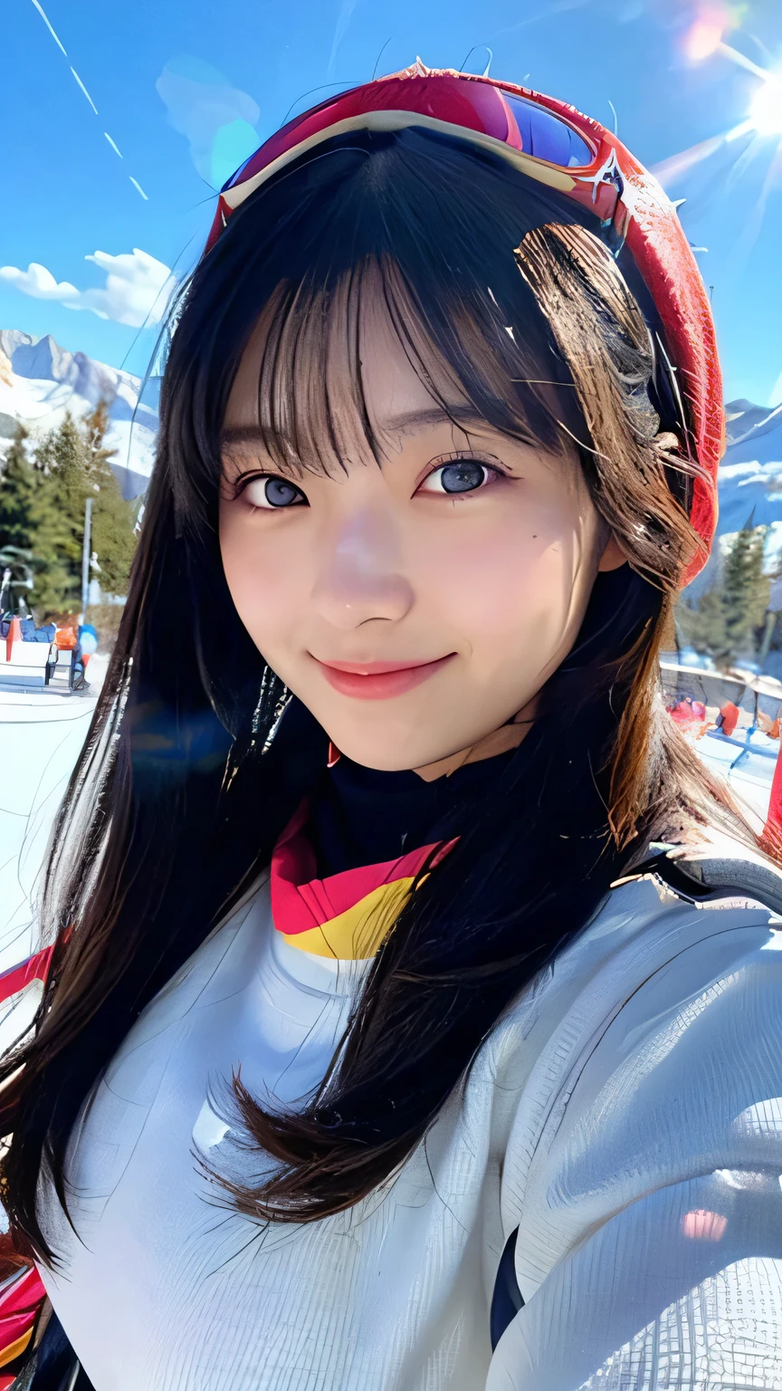 (Highest quality,masterpiece:1.3,Ultra-high resolution),(Very detailed,Caustics,16K),(Realistic:1.4,RAW shooting),Ultra-Realistic Capture,Human skin close-up,Natural skin texture,The pores are detailed enough to be easily identified,Healthy Skin and Even Tone,Use natural light and colour,18-year-old,Japanese,cute,Ski wear,Long black hair,I'm looking at the camera with a smile on my face,Big Breasts,Waist up shot,(Face Focus:1.2),(Face close-up:1.2),(Low position:1.3),(Low Angle:1.3),(Ski Resorts),sun,Lens flare,blue sky,