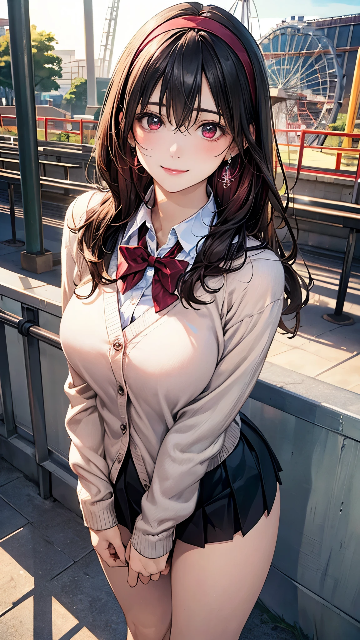 (masterpiece:1.2, highest quality), (realistic photo:1.4), beautiful illustrations, (natural side lighting, movie lighting),
looking at the viewer, 1 girl, japanese, high school girl, perfect face, cute symmetrical face, shiny skin, baby face,
(long hair, straight hair, black hair), hair between eyes, maroon eye idol chest, seductive thighs, big ass), earrings, break (dark red hairband, dark red flat bow tie), break
beautiful hair, beautiful face, detailed and beautiful eyes, beautiful clavicle, beautiful body, beautiful breasts, beautiful thighs, beautiful feet, beautiful fingers, slender,
(white collared shirt, long sleeve pink knit cardigan, black pleated mini skirt), break
(beautiful scenery), evening, (amusement park:1.2, roller coaster, ferries wheel), (pigeon toed), (lovely smile, upper eye),