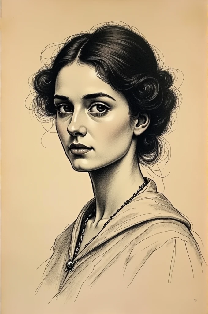 A Victorian era hand-drawn portrait of a young woman in her late 30s, Post-impressionist style, minimalist brush work, prosaic style, beautifully shaded, black ink on brown paper
