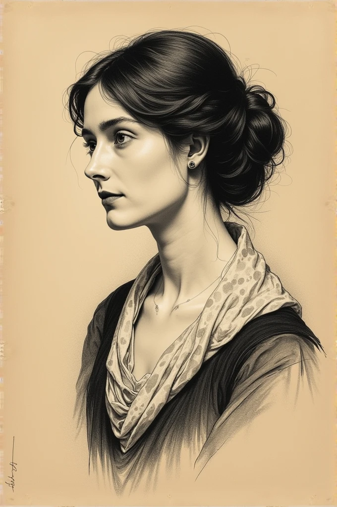 A Victorian era hand-drawn portrait of a young woman in her late 30s, Post-impressionist style, minimalist brush work, prosaic style, beautifully shaded, black ink on brown paper