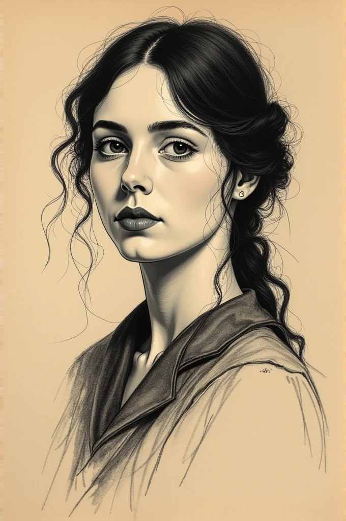 A Victorian era hand-drawn portrait of a young woman in her late 30s, Post-impressionist style, minimalist brush work, prosaic style, beautifully shaded, black ink on brown paper