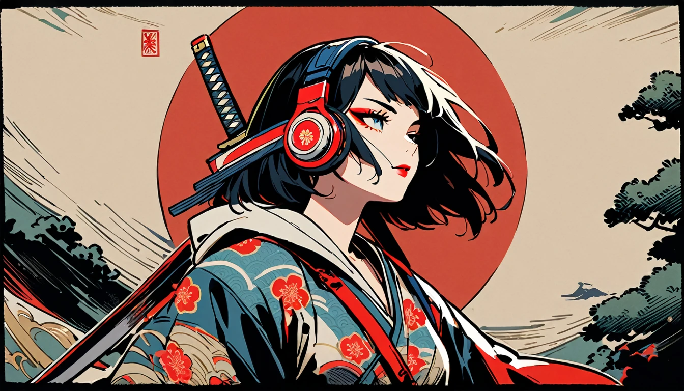 (((1 girl))), (((Flashy makeup))), (((Japanese style headphones))), (((Japanese pattern hoodie))), (((Japanese sword))), (((Female samurai))), Japanese beautiful girl, Black Hair, Delicate and precise, Modern ukiyo-e style, Japanese flag, battle style