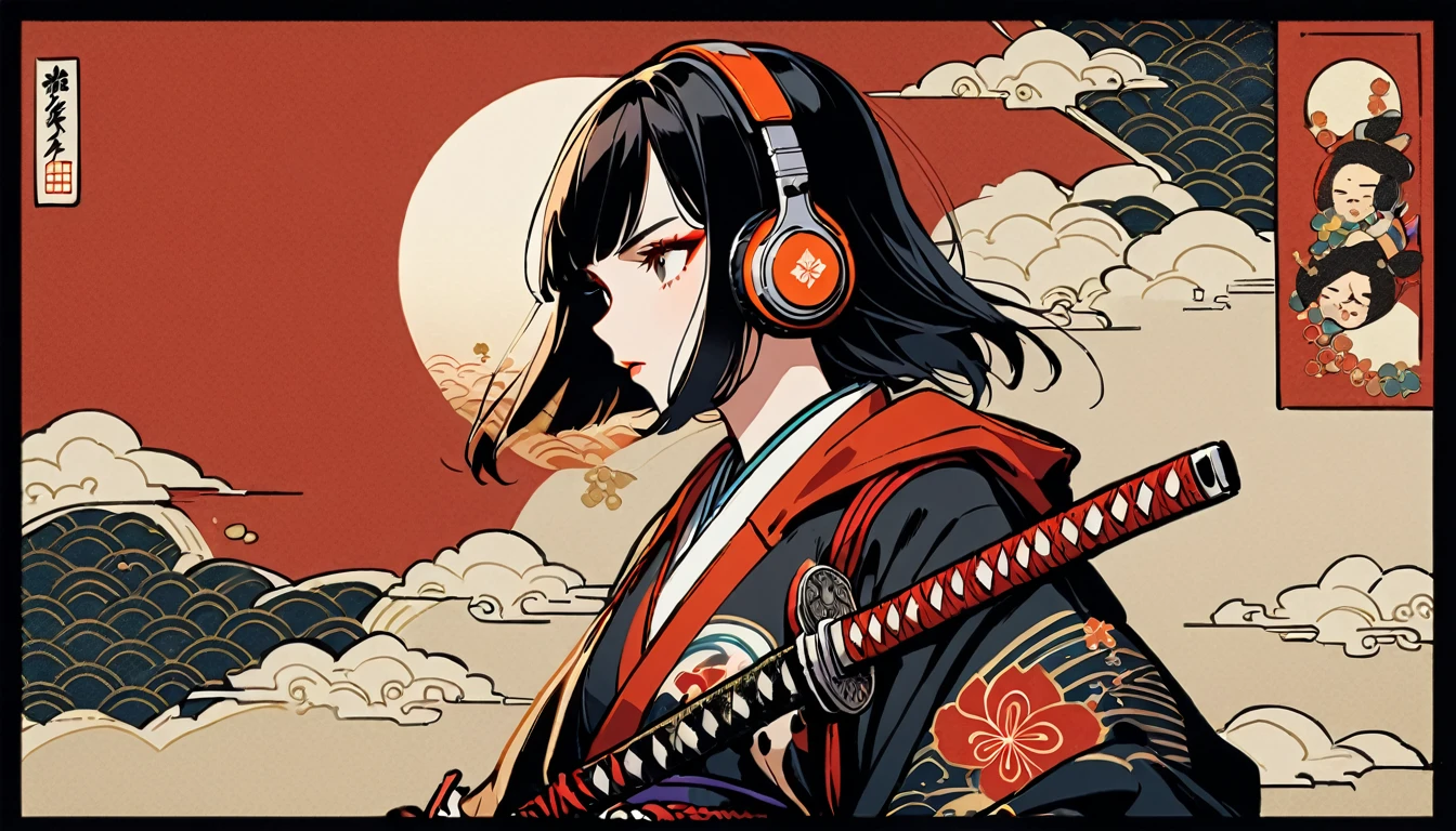 (((1 girl))), (((Flashy makeup))), (((Japanese style headphones))), (((Japanese pattern hoodie))), (((Japanese sword))), (((Female samurai))), Japanese beautiful girl, Black Hair, Delicate and precise, Modern ukiyo-e style, Japanese flag, battle style