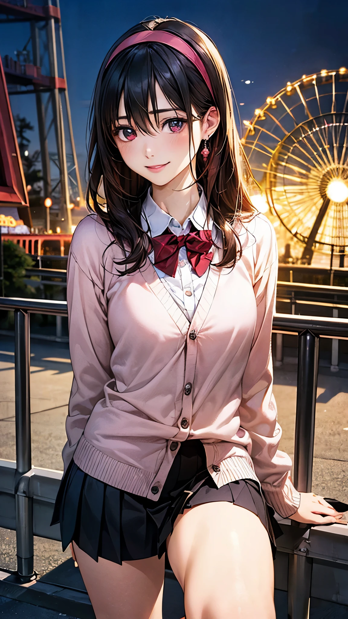(masterpiece:1.2, highest quality), (realistic photo:1.4), beautiful illustrations, (natural side lighting, movie lighting),
looking at the viewer, 1 girl, japanese, high school girl, perfect face, cute symmetrical face, shiny skin, ,
(long hair, straight hair, black hair), hair between eyes, maroon eye idol chest, seductive thighs, big ass), earrings, break (dark red hairband, dark red flat bow tie), break
beautiful hair, beautiful face, detailed and beautiful eyes, beautiful clavicle, beautiful body, beautiful breasts, beautiful thighs, beautiful feet, beautiful fingers, slender,
(white collared shirt, long sleeve pink knit cardigan, black pleated mini skirt), break
(beautiful scenery), evening, (amusement park:1.2, roller coaster, ferries wheel), (pigeon toed), (lovely smile, upper eye),