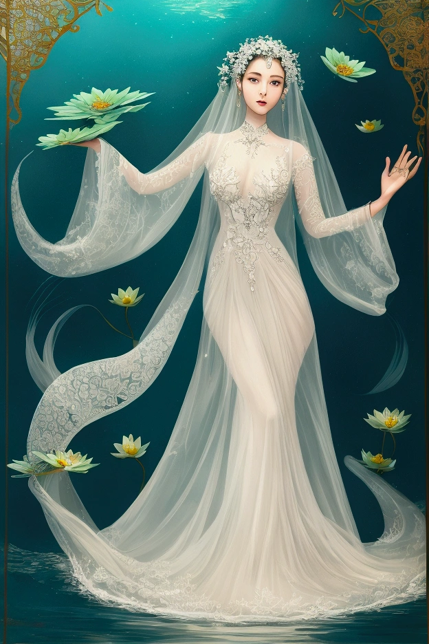 Of course! The image depicts a person submerged in water up to their chest, surrounded by white lotus flowers and green lotus leaves. The individual is wearing what appears to be a flowing, transparent gown, and one delicate hand is placed over her chest. The water has ripples and reflections that suggest movement, adding a dynamic quality to the scene. The overall mood of the painting is serene and somewhat mystical, with the dark color palette contrasting with the bright white of the lotus flowers.
