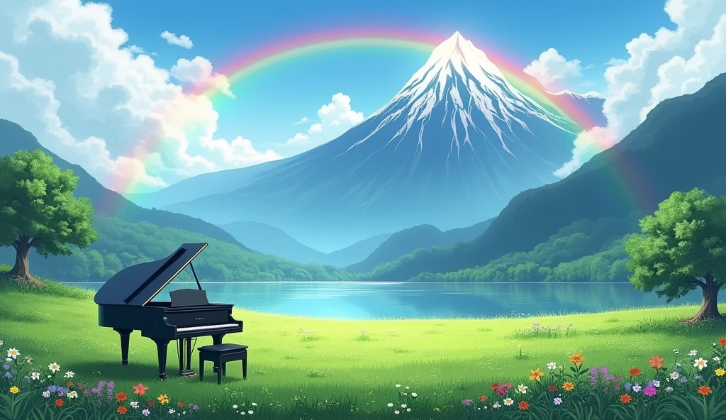 「A black grand piano standing in a lush green field、A rainbow over a lake and a majestic mountain range、Tranquil scenery」
Big rainbow arch light: Asahi、Soft light season: Summer painting style: Photo style、
others: fog、Colorful flowers、