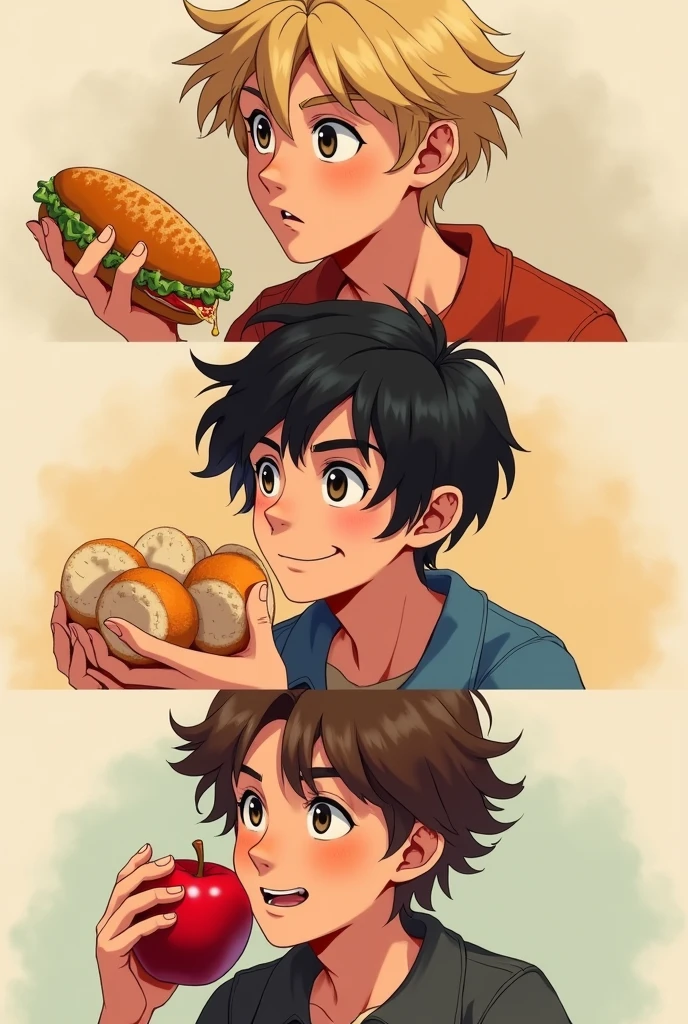 Make a blond teenage boy eating a bolillo sandwich, a teenage male with black hair eating some sandwich rolls and a teenage male with brown hair eating an apple 