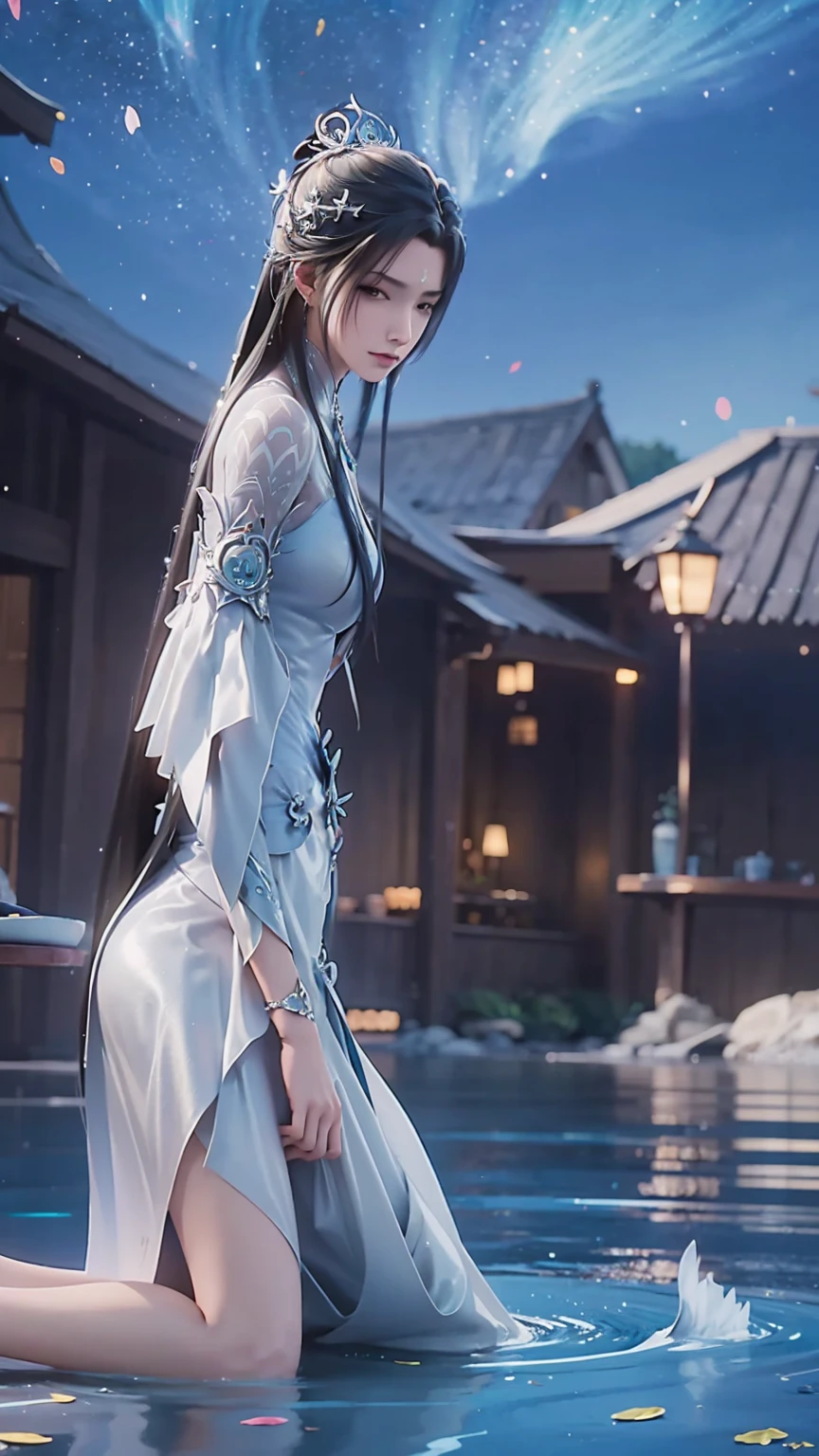 Cartoon woman kneeling on the starry sky, Water splashes at the knees,CG Social Trends, Smooth anime CG art, Starry sky background,Full body view,Royal sister kneeling posture
