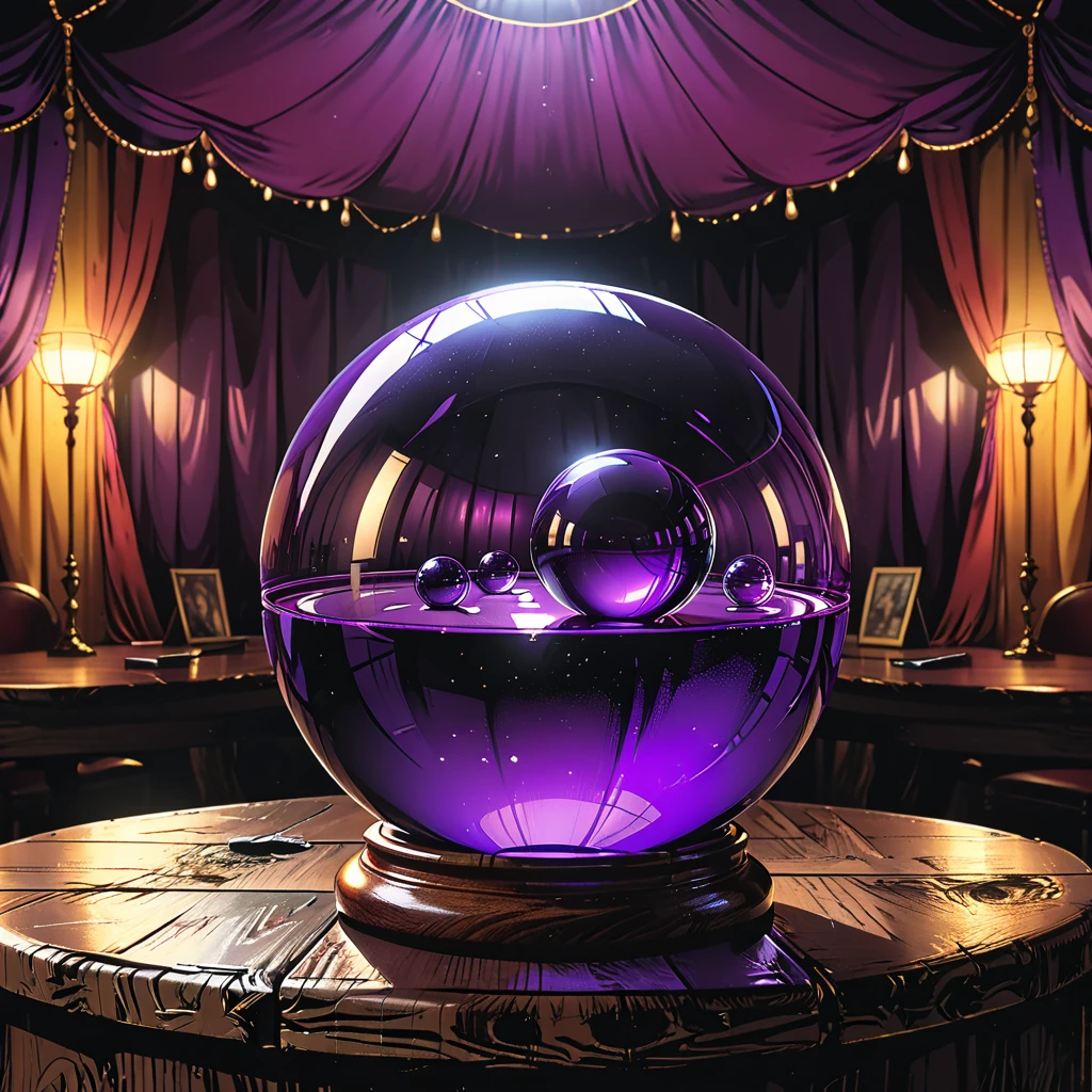 close-up, macro, (violet glass ball) on the wood table, inside, dark, dark atmosphere, glow glass ball,
stole on the background, fabric on the background, inside the circus dome, graphic style of novel comics, 2d, 8k, hyperrealism, masterpiece, high resolution, best quality, ultra-detailed, super realistic, Hyperrealistic art, high-quality, ultra high res, highest detailed, lot of details, Extremely high-resolution details, incredibly lifelike, colourful, soft cinematic light,