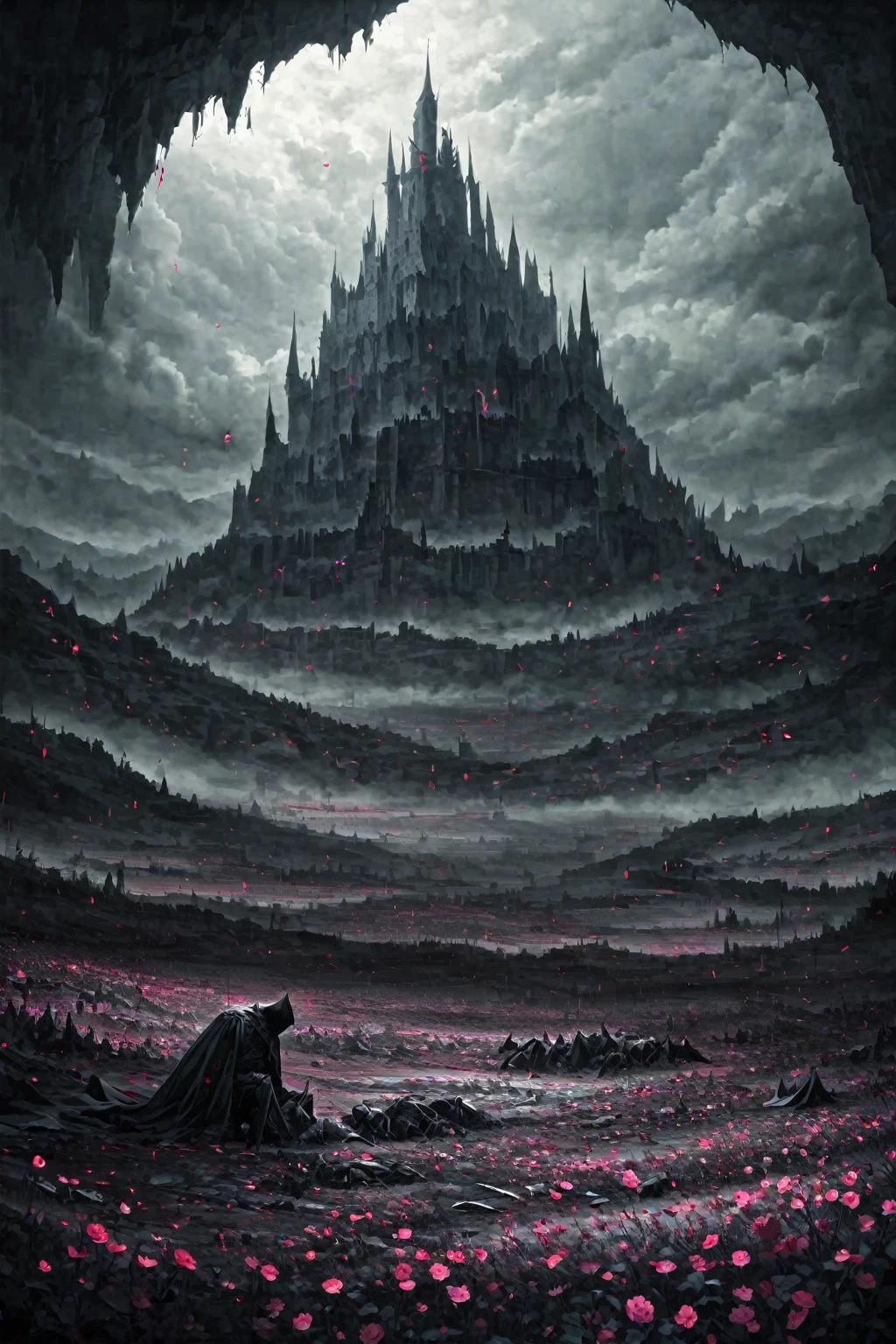 Artwork, excessive brutalism, field of battle, broken weapons, fallen bodies, caped knight on his knees mourning the death of another knight, knights fallen to the ground defeated, pink flowers, (dreamy landscape), stunning landscape, castle in the background, dark scenery, blood spots, rosas de blood spots