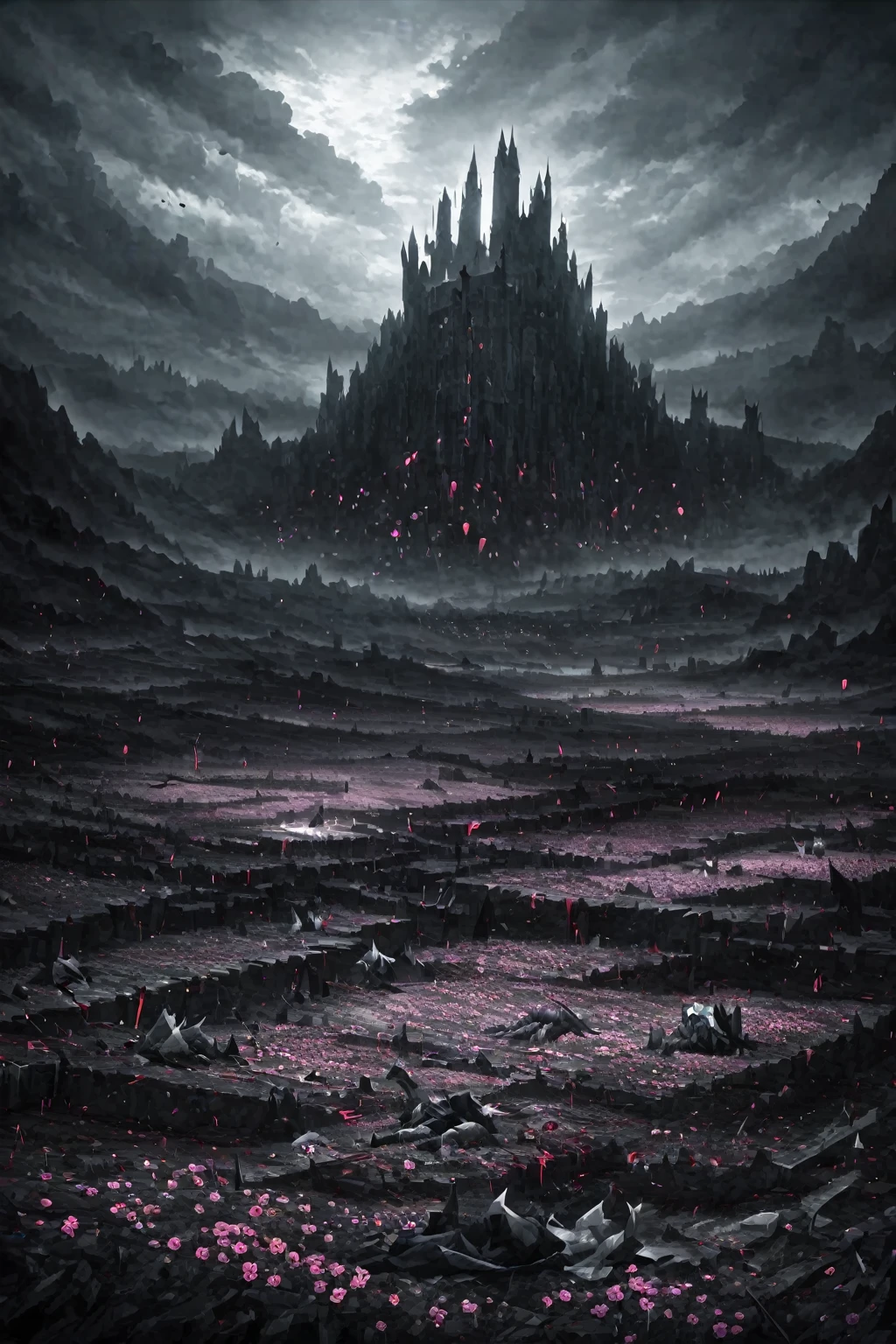 Artwork, excessive brutalism, field of battle, broken weapons, fallen bodies, caped knight on his knees mourning the death of another knight, knights fallen to the ground defeated, pink flowers, (dreamy landscape), stunning landscape, castle in the background, dark scenery, blood spots, rosas de blood spots