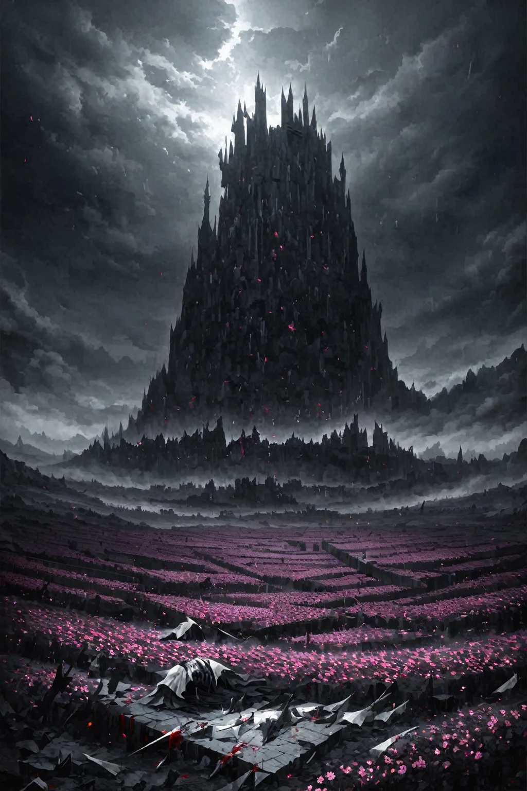 Artwork, excessive brutalism, field of battle, broken weapons, fallen bodies, caped knight on his knees mourning the death of another knight, knights fallen to the ground defeated, pink flowers, (dreamy landscape), stunning landscape, castle in the background, dark scenery, blood spots, rosas de blood spots
