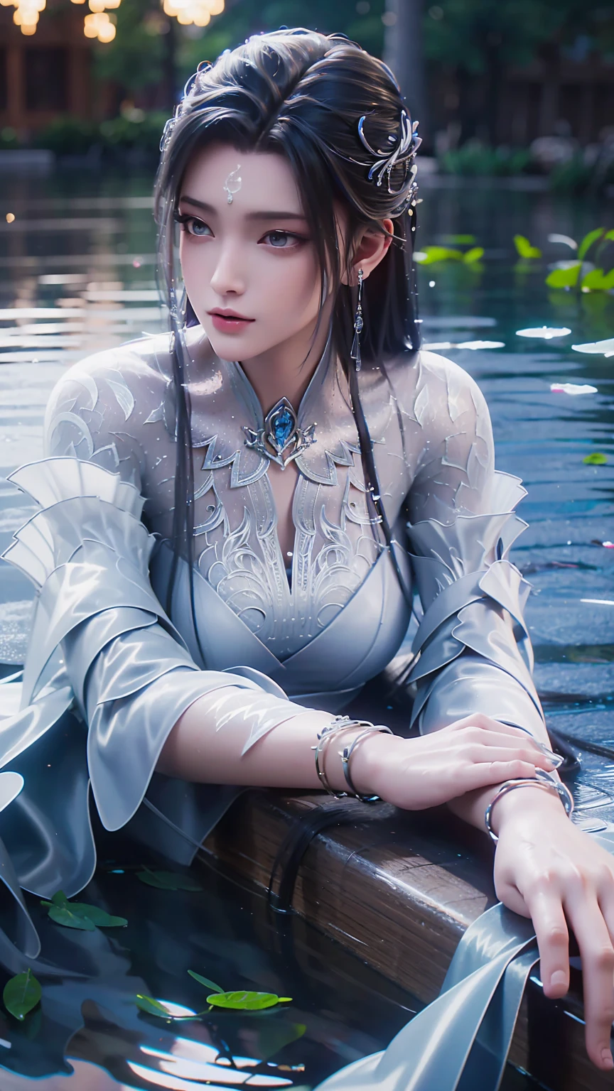 A girl lying on the bed under the stars, delicate smile, beautiful delicate eyes, beautiful delicate lips, extremely delicate face and eyes, long eyelashes, sexy body, flowing hair, best picture quality, famous works, ultra high resolution, (realistic :1.4), RAW photos, (Beautiful face :1.2), (Lying on the water :1.5), 1 girl, (Surreal), (8K), (4K), physical rendering, starry sky, ((full body shot)), barefoot, cross-legged, wearing a dress, long skirt