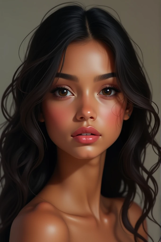 Indian girl fair skin long wavy hair big black almond eyes strong heart shaped pink lips slim nose