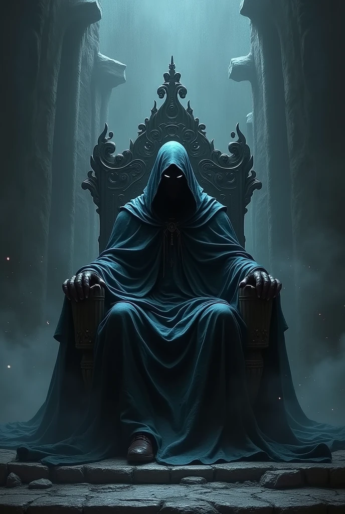 (photorealistic) Shadow assasin god sitting at his throne, make it intense and terrifying