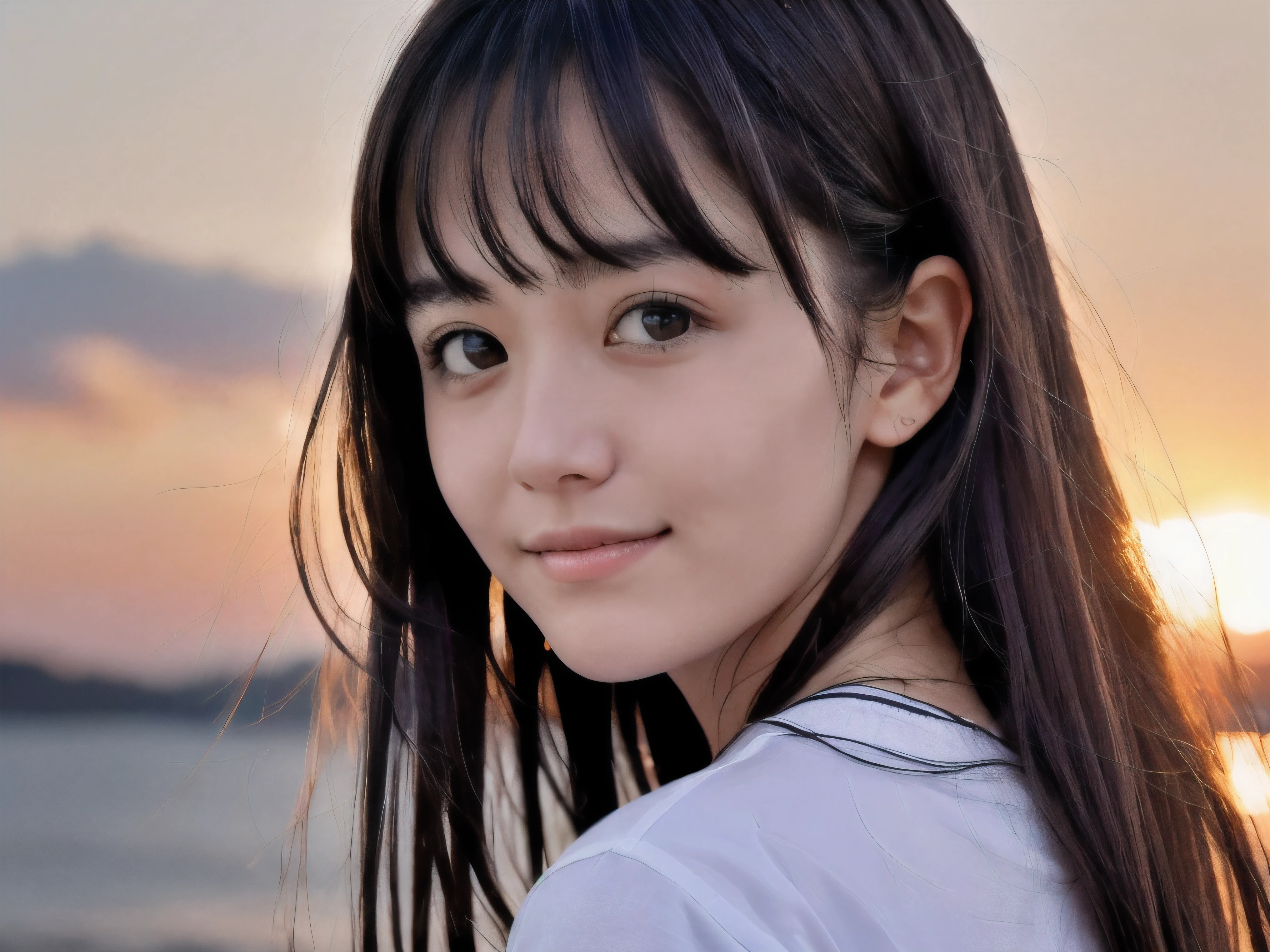 (Close up face shot of slender small-breasted dark silver long hair with swept bangs girl wearing a white T-shirt only:1.5)、(One girl is looking back and lonely smile with tears on the coast in Japan:1.5)、(Beautiful after sunset red sky with big red cloud:1.5)、(blurred background:1.5)、(Natural light:1.5)、(8k ultra detailed master piece:1.5)、(perfect anatomy:1.5)、(Photorealistic stick:1.5)、(Raw photo:1.3)、(highest quality:1.5)、(High resolution:1.3)、(Delicate and beautiful perfect face:1.3)、(Delicate and beautiful eye air skin:1.3)、(Real Human Skin:1.3)、((thin legs))