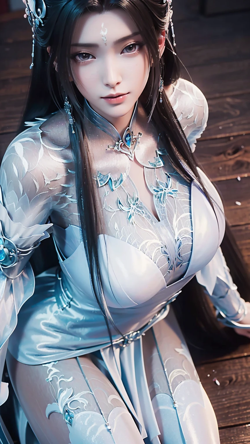 Close-up of a woman in a dress lying on a wooden floor, Japanese Goddess, Beautiful Chinese model, beautiful goddess, beautiful Asian girl, Sexy Girl, Fair, smooth and translucent skin, Chinese Girl, Asian girl, Attractive anime girl, Sexy pose, Beautiful fantasy queen, Beautiful and detailed body and face, Smooth white tights set, Light milky white porcelain skin