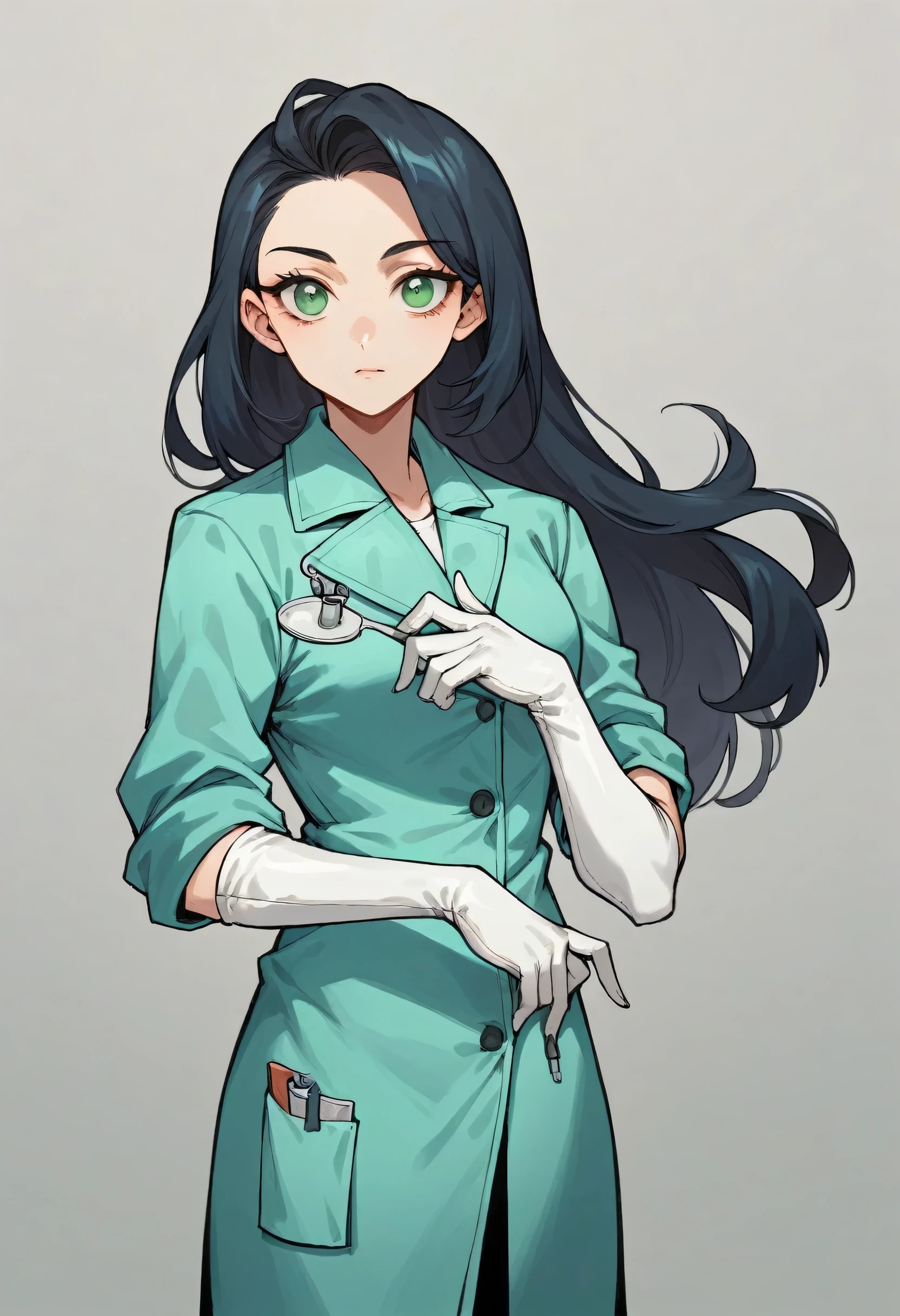 1younggirl, black long hair, green eyes, ((white elbow gloves)), ((surgical gloves)), ((latex gloves)), ((long sleeves)) ((blue surgeon outfit)), (doctor coat), looking at viewer with a kind face, ((surgeon girl)), standing, solo