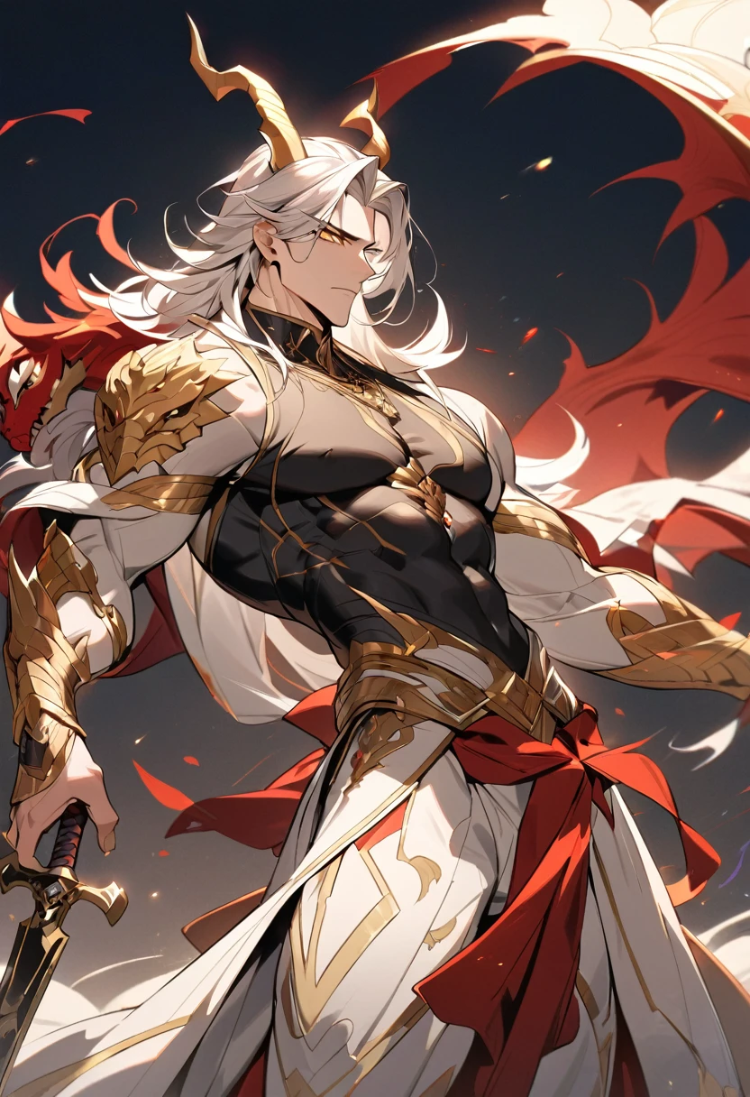 Perfect details, special details, top quality, handsome, domineering, serious, majestic, bad boy style, looking straight ahead, a man with long white hair styled in two parts, yellow eyes, broad shoulders, a well-balanced and toned body from years of training, wearing a black shirt, a Hanfu with red dragon patterns and gold edges that highlight the aura of a leader, with two golden horns, standing while holding a sword. Best quality, 16K, masterpiece, with detailed face drawing, detailed eye drawing, detailed body drawing, complete with two arms and two legs (two arms: 1.4, two legs: 1.4).