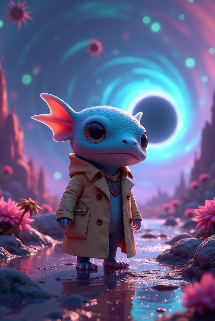 (Style: realism, (epic:1.2), realistic, photo, trending on artstation, (pixar:1.2), 3d, cartoon, ((high quality:1.2, masterpiece:1.2)) , (8k resolution) , high details, incredibly absurdres, color connection, colorized, colorful, neon colors, (bioluminescence:1.1), (iridescent:1.2), (no humans:1.3)), ((axolotl:1.2), animal, cute big eyes, trench coat), foreign planet, ulblackholetech, excessive energy, scifi,