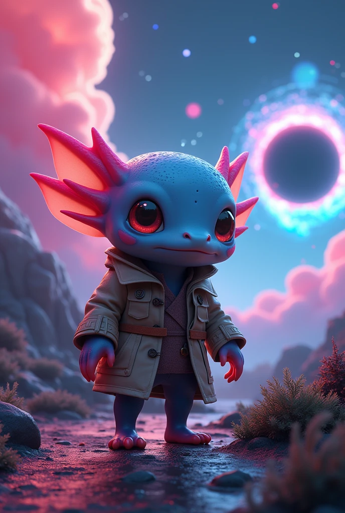 (Style: realism, (epic:1.2), realistic, photo, trending on artstation, (pixar:1.2), 3d, cartoon, ((high quality:1.2, masterpiece:1.2)) , (8k resolution) , high details, incredibly absurdres, color connection, colorized, colorful, neon colors, (bioluminescence:1.1), (iridescent:1.2), (no humans:1.3)), ((axolotl:1.2), animal, cute big eyes, trench coat), foreign planet, ulblackholetech, excessive energy, scifi,
