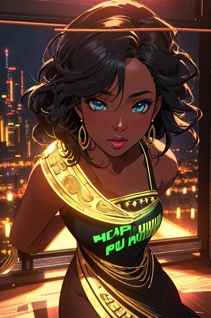 a beautiful black woman in a music studio, elegant dress, confident pose, studio equipment, neon lights, stacks of money, dynamic party atmosphere, colorful lighting, cinematic composition, highly detailed, photorealistic, 4k, ultra-detailed, (best quality,4k,8k,highres,masterpiece:1.2),ultra-detailed,(realistic,photorealistic,photo-realistic:1.37),studio lighting,extreme detail description,vivid colors