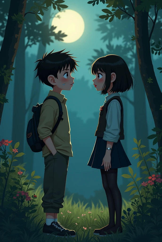 The scene shows a couple of agers who seem to enjoy each other's company.. They are watching each other in a forest in the moonlight. The boy is approximately 1.54 meters tall and has a round face with somewhat marked cheekbones. His eyes are small and his haircut is short, inspired by the shape of a mushroom. She has somewhat thick lips adorned with two piercings., one on each lip, In addition to a bull-shaped nose piercing. Her style of dress is loose and comfortable., reflecting a preference for loose clothing.
at your side, There is a girl of 1.56 meters high. it's white, slim, and her face has a fine, oval shape. Her hair is short with defined waves. His clothing is dark, consisting of a skirt and tights that are somewhat torn, a wool vest, y una polera slim, which gives it an elegant air.