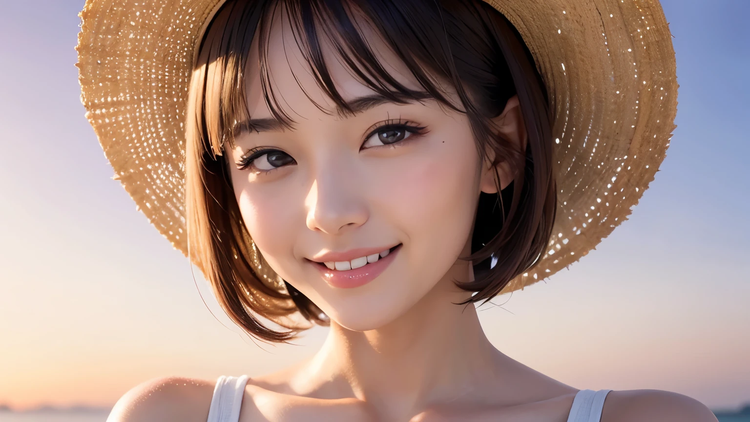 Summer TV commercial style, beautiful girl, smile, fair skin, beautiful skin, model pose, high quality, high definition