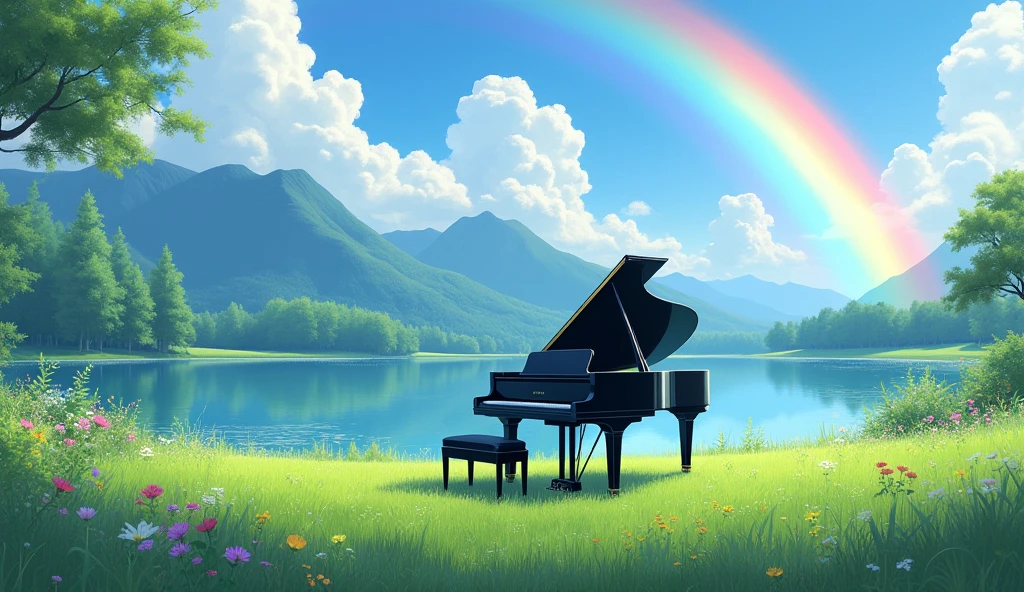 「A black grand piano standing in a lush green field、A rainbow over a lake and a majestic mountain range、Tranquil scenery」
Big rainbow arch light: Asahi、Soft light season: Summer painting style: Photo style、
others: fog、Colorful flowers、