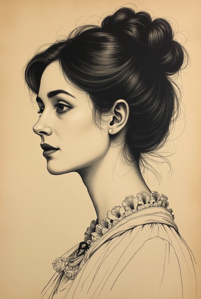 A Victorian era hand-drawn portrait of a young woman in her late 30s, Post-impressionist style, minimalist brush work, prosaic style, beautifully shaded, black ink on brown paper