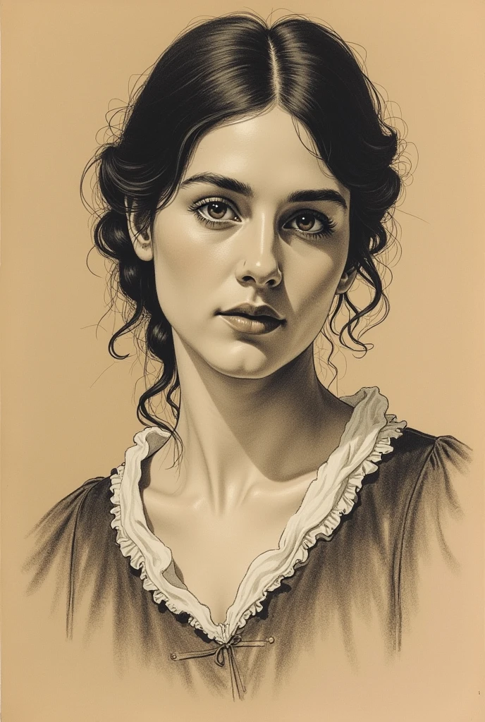 A Victorian era hand-drawn portrait of a young woman in her late 30s, Post-impressionist style, minimalist brush work, prosaic style, beautifully shaded, black ink on brown paper