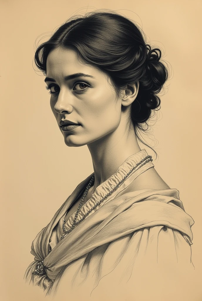 A Victorian era hand-drawn portrait of a young woman in her late 30s, Post-impressionist style, minimalist brush work, prosaic style, beautifully shaded, black ink on brown paper