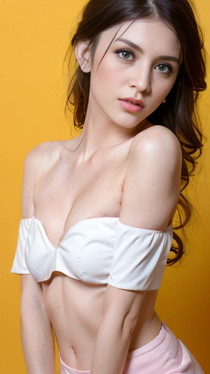 masterpiece, absurdres, 1girl, solo,mature female, off-shoulder strap bra, high waist short skirt, looking at viewer, perfect composition, detailed lips, small breast, beautiful face, body propotion, blush, (pink lips), long hair, purple eyes, soft gaze, super realistic, detailed, photoshoot, realistic face and body,