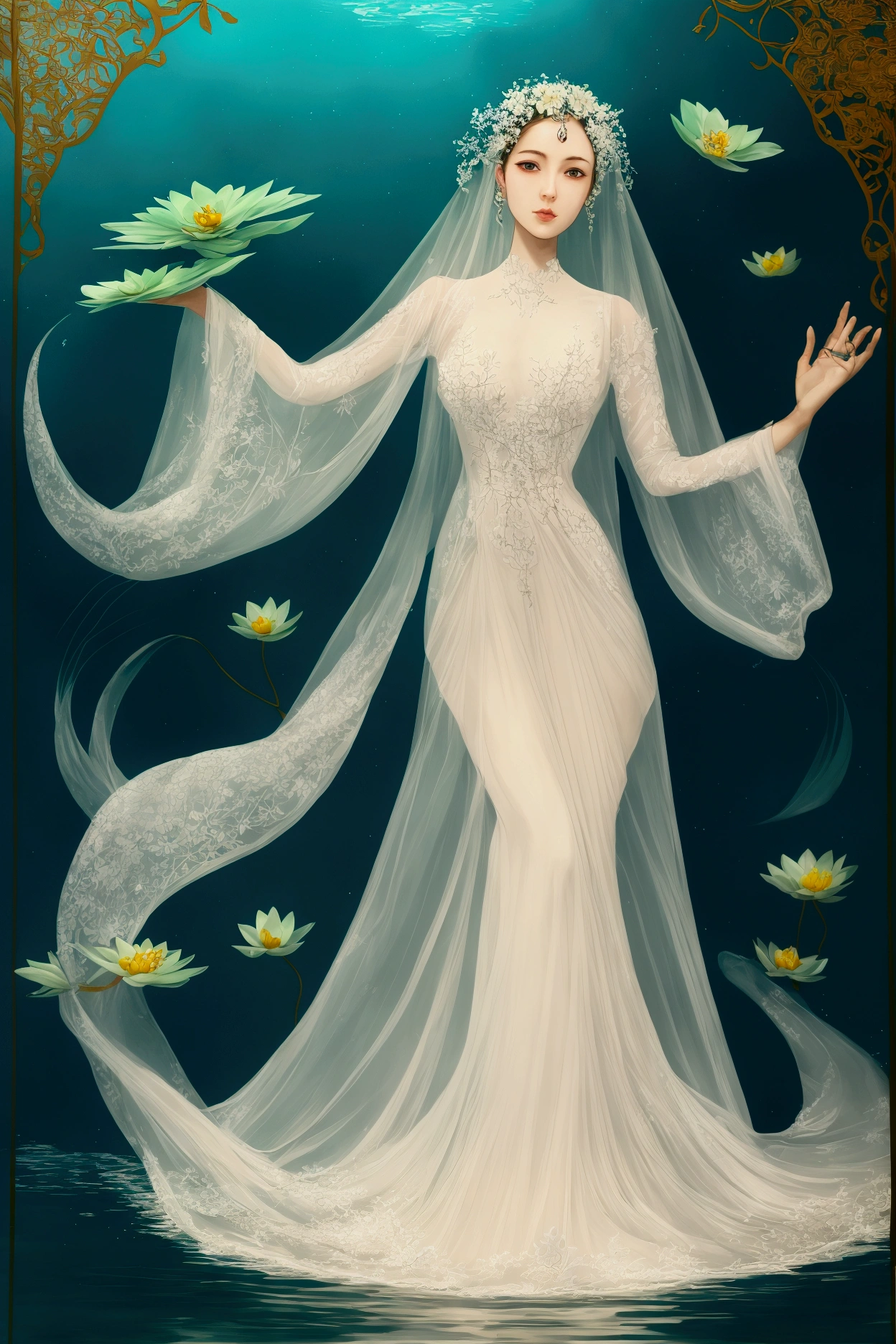 Of course! The image depicts a person submerged in water up to their chest, surrounded by white lotus flowers and green lotus leaves. The individual is wearing what appears to be a flowing, transparent gown, and one delicate hand is placed over her chest. The water has ripples and reflections that suggest movement, adding a dynamic quality to the scene. The overall mood of the painting is serene and somewhat mystical, with the dark color palette contrasting with the bright white of the lotus flowers.
