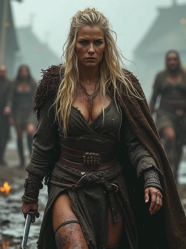 beautiful but savage blonde female viking medieval warriors running through a ransacked and burning village,raining,looking at observer,stern expressions,grimy and scarred skin,wounded,torn and ripped clothing,cleavage,holding swords