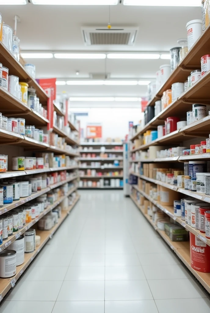 paint, linoleum, wallpaper, rollers, brushes, on the shelves of a hardware store. no people. The main background color is white