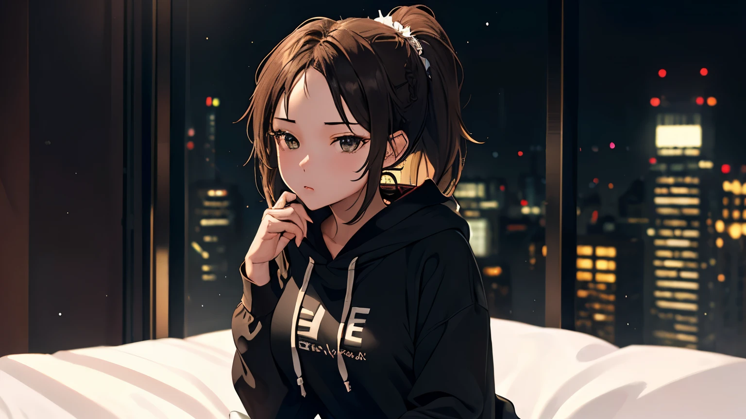 (Excellent: 1.2), (Highest Quality: 1.2), (Super Detailed: 1.2), (A young girl living alone sitting on a bed, brunette, medium hair, ponytail, hoodie, long sleeves), (Coffee, side table, late night, beautiful skyscrapers outside the window, panoramic view of the city, large room, darkness,), (Lo-fi art style), (Perfect shading, highly detailed CG, masterpiece)