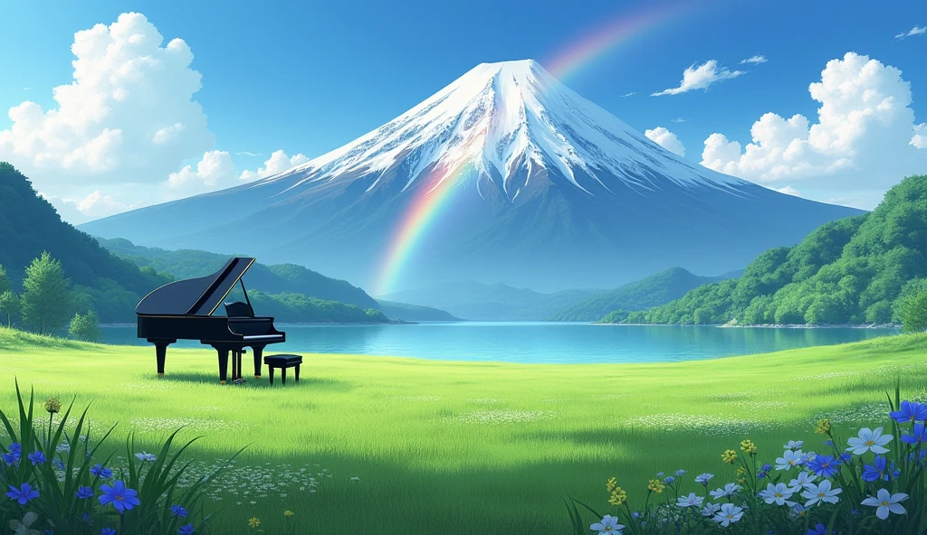 「A black grand piano standing in a lush green field、A rainbow over a lake and a majestic mountain range、Tranquil scenery」
Big rainbow arch light: Asahi、Soft light season: Summer painting style: Photo style、
others: fog、Colorful flowers、