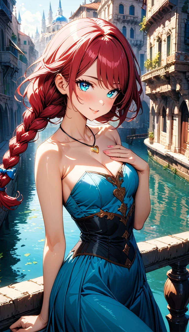 (masterpiece, very aesthetic:1.4), best quality, incredibly absurdres, Accurate, intricate, 8K, stunning, stylized,
ultra-detailed, (incredibly detailed:1.2), simplified details, fine texture,
cinematic, recent, (vibrant:1.2), (clear pictures, clean lines, crisp edges), (illustration:1.2), (soft lighting:1.2),
cowboy shot,
BREAK
1 beautiful girl, 18yo, small face, beautiful detailed face, narrow waist, The beauty and danger of growing from a girl to an adult, A symbol of miraculous beauty, Graceful posture, sensual, bewitching woman, (cleavage:0.8),
(burgundy red hair), (a long single braid hair:1.4), smooth hair, asymmetrical bangs,
BREAK
(aqua blue eyes), black oblong pupils, (slant eyes, glass-like sparkling eyes are blurry and dreamy, beautiful detailed eyes, sparkling eyes, long delicate eyelashes, Meticulous Eyelash Details),
BREAK
(navy blue dress), (off shoulder, Strapless dress, Sleeveless:1.3), (black corset), (a tiny heart-shaped golden ring pendant:1.4),
BREAK
(A fantasy world cityscape:1.4), sunny afternoon, A city resembling Venice with canals, (Leaning against the railing of a bridge over a large river), Bright lighting, Beautiful world, Blown by the gentle wind, Soft sunlight that induces afternoon drowsiness,
BREAK
gorgeous lips, natural pink lips, heart-shaped lips, beautiful detailed lips, Glossy,
(seductive smile:1.3), (looking side glance), (left hand on own chest:1.2), perfect eyes,
