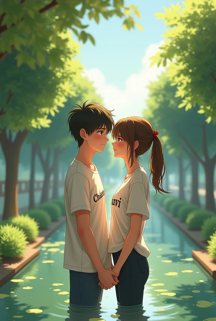 A 20-year-old girl and a boy are in love in a park in Japan. The boy's shirt has Chamo written on it. The girl's shirt has Ruvi written on it.