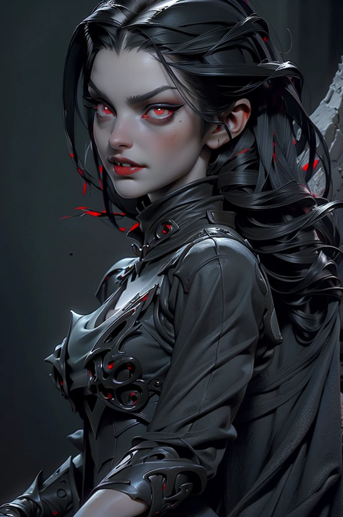 a woman dracula, dressed in white and black with red eyes, cyberpunk art by Li Di, cgsociety, gothic art, gothic, rococo, darksynth