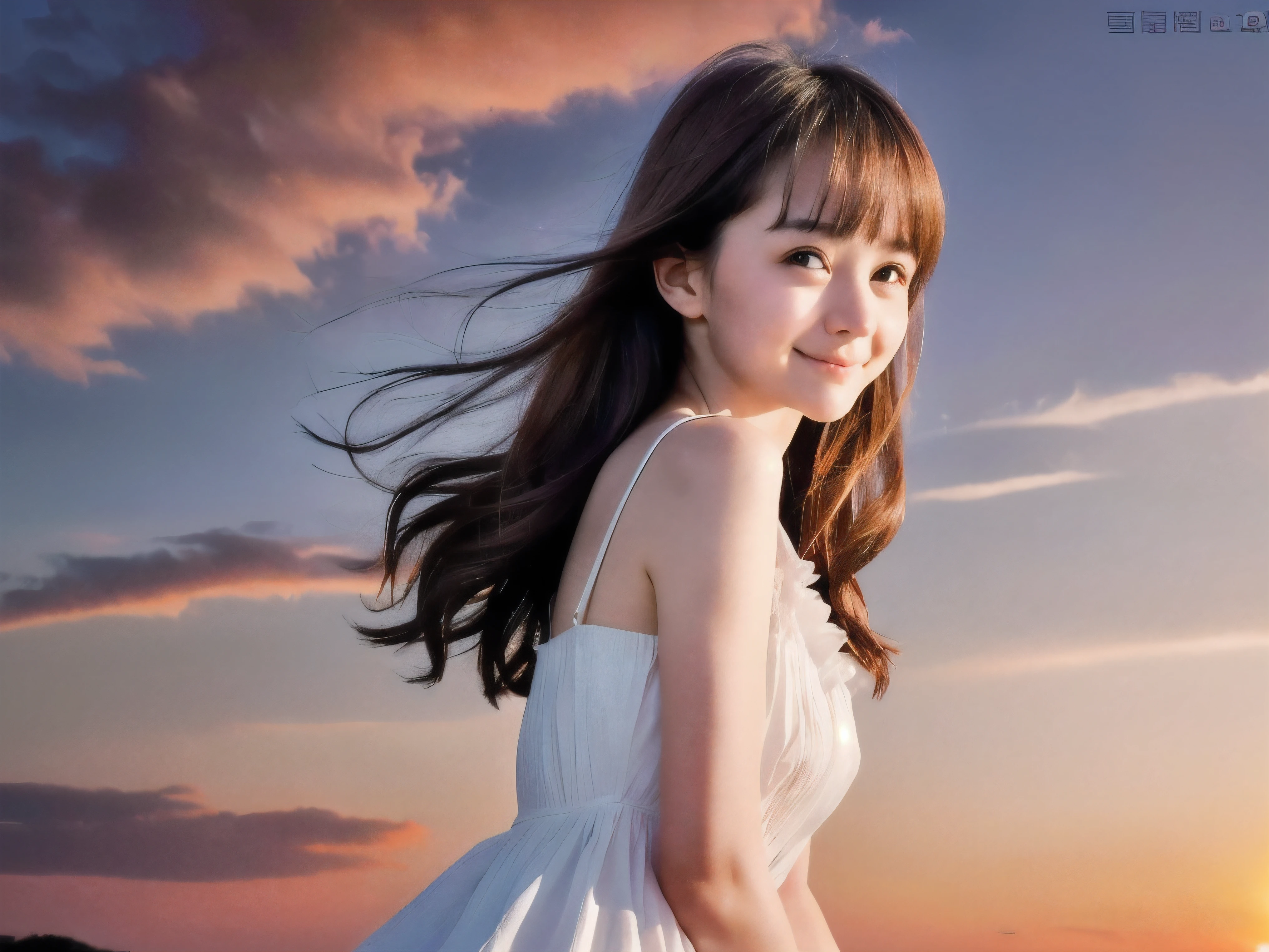 (Close up face shot of slender small-breasted red brown wavy long hair with dull bangs girl wearing a white summer dress:1.5)、(One girl is looking back and lonely smile with tears on the coast in Japan:1.5)、(Beautiful after sunset red sky with big red cloud:1.5)、(blurred background:1.5)、(Natural light:1.5)、(8k ultra detailed master piece:1.5)、(perfect anatomy:1.5)、(Photorealistic stick:1.5)、(Raw photo:1.3)、(highest quality:1.5)、(High resolution:1.3)、(Delicate and beautiful perfect face:1.3)、(Delicate and beautiful eye air skin:1.3)、(Real Human Skin:1.3)、((thin legs))