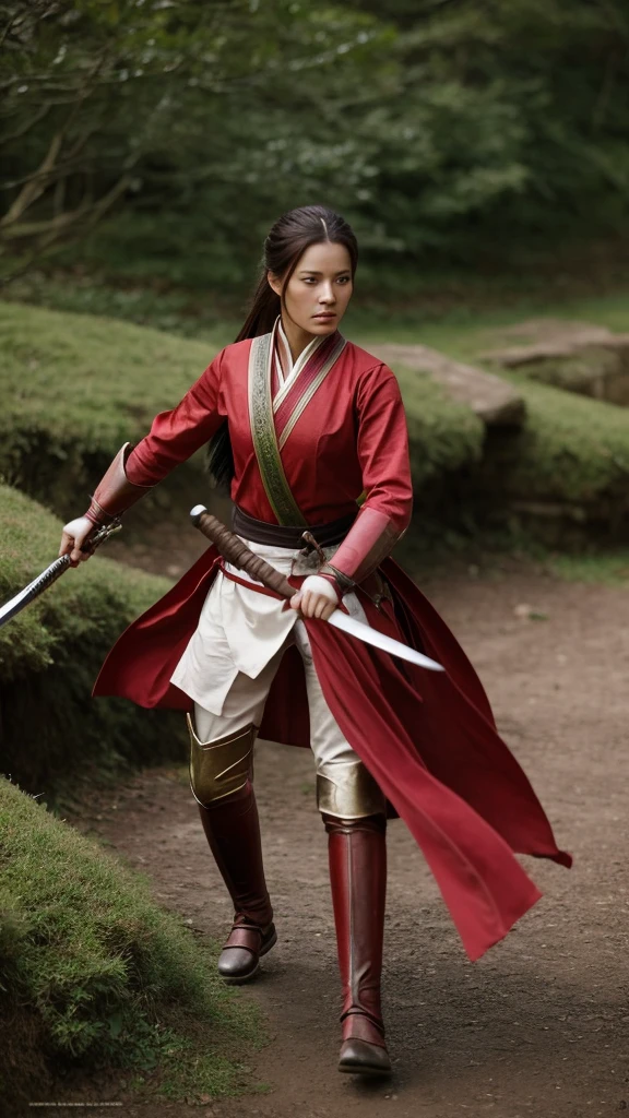 Highest quality realistic photos, Beautiful female swordsman, Dressed in red, he sets off to battle
