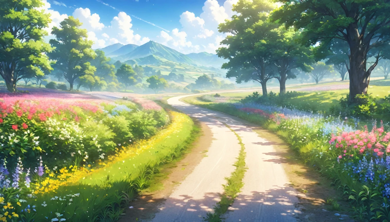 a beautiful country road, surrounded by dewy flowers, anime style, photorealistic, 8k, (best quality,4k,8k,highres,masterpiece:1.2),ultra-detailed,(realistic,photorealistic,photo-realistic:1.37),vibrant colors,natural lighting,lush greenery,peaceful countryside scene