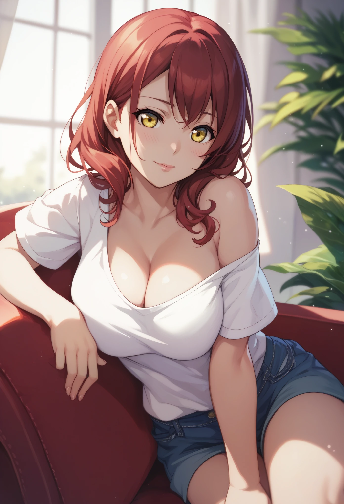 masterpiece, best quality, oversize white shirt, shoulder slip,cleavage,large breasts ,dark red hair ,short sleeves , bottomless, thighs,yellow eyes , sakurachi riko 