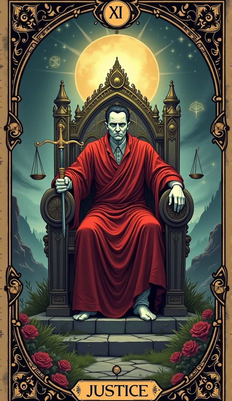 a card, intricate detailed tarot card illustration, gothic style tarot card, tarot card justice card, card header with text "XI", card footer with text "JUSTICE", text font style medieval, celestial elements, 1man, stern, white skin, black short hair jury, red tunic, holding sword in one hand other hand holding weighbridge, sitting in a stone throne, gothic ornate, soft focus, cinematic lighting, dramatic shadows, vivid colors, rich color palette, mystical landscape, black gothic pattern