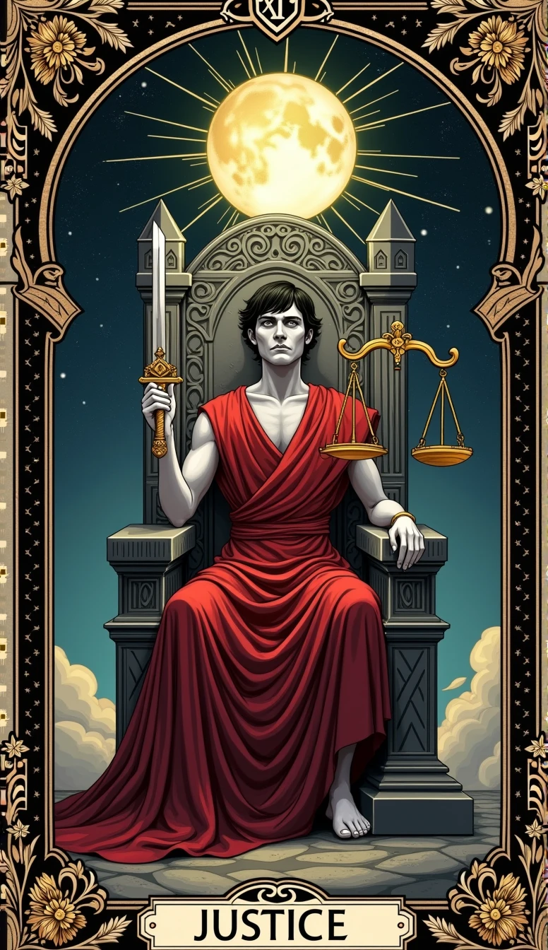 a card, intricate detailed tarot card illustration, gothic style tarot card, tarot card justice card, card header with text "XI", card footer with text "JUSTICE", text font style medieval, celestial elements, 1man, stern, white skin, black short hair jury, red tunic, holding sword in one hand other hand holding weighbridge, sitting in a stone throne, gothic ornate, soft focus, cinematic lighting, dramatic shadows, vivid colors, rich color palette, mystical landscape, black gothic pattern